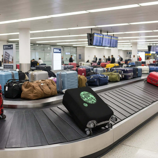  Luggage Cover Large Size 26-28 Large Green Diamond Graphic Black suitcase with a green circular design on a white background
