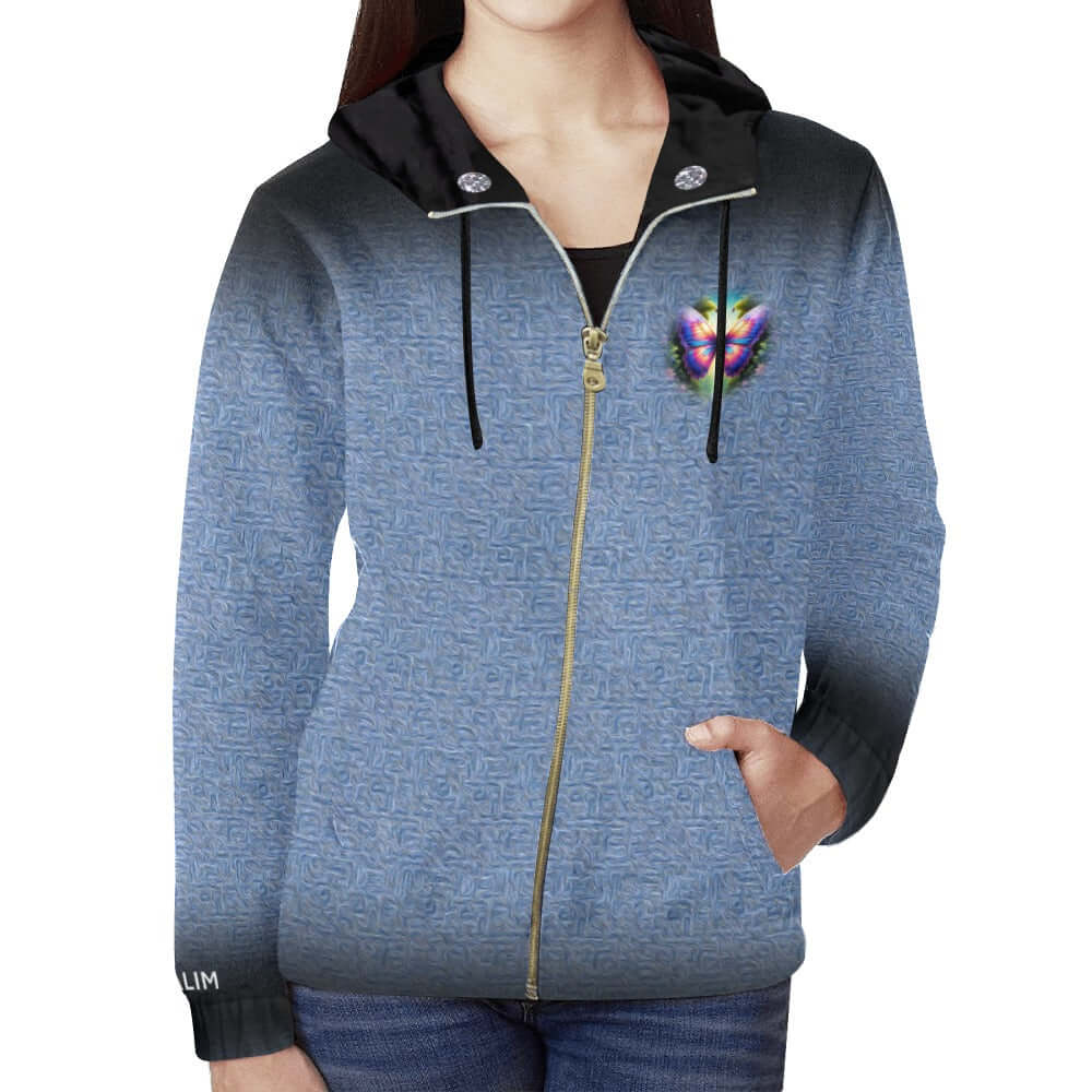 Blue Zip-Up Hoodie Black Trim Multi-Colored Butterflies
