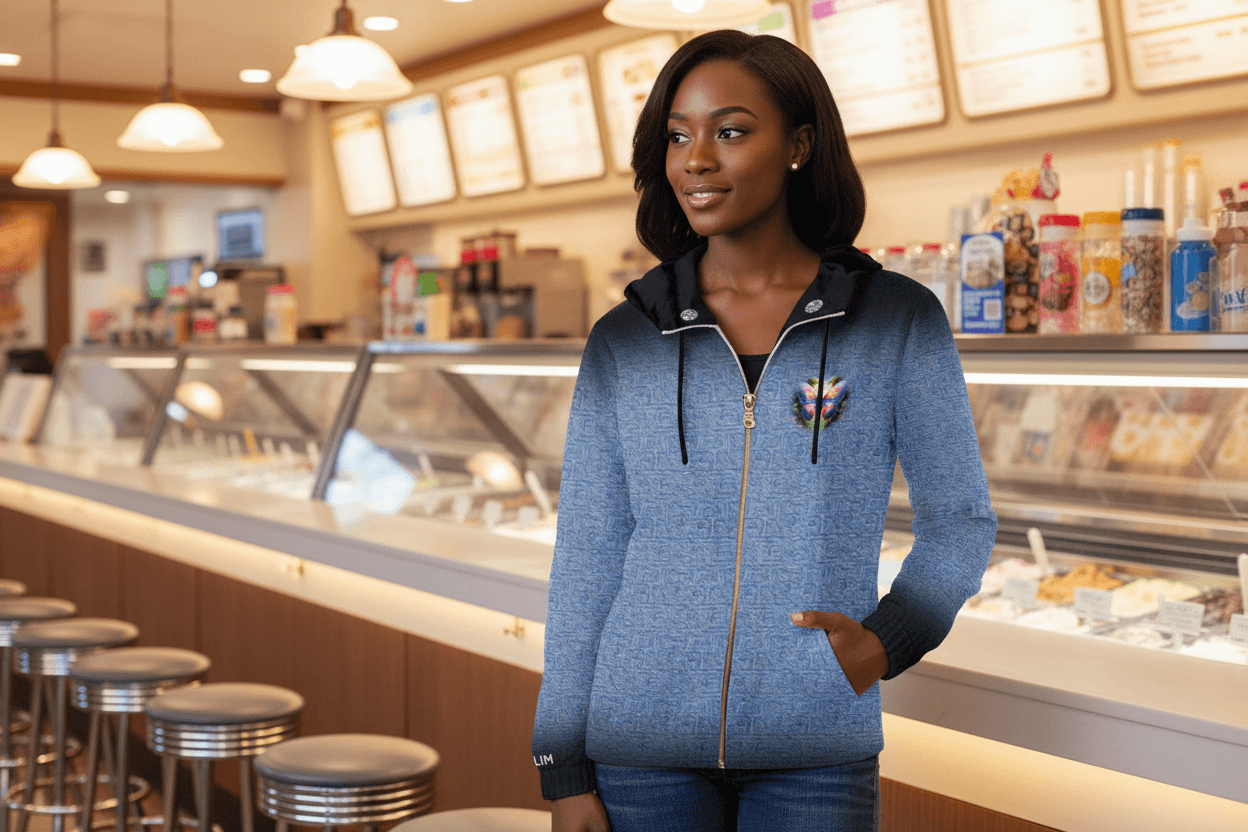 Blue zip-up hoodie with a colorful design on the chest pocket against a white background