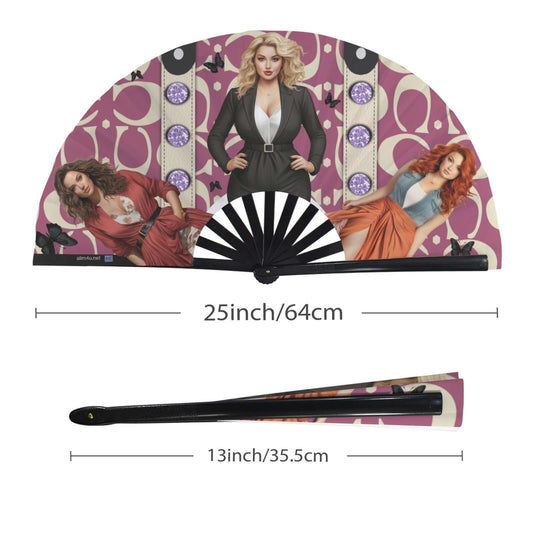 Fan 69 Folding Clack Fan Floral Multi-Colored Butterflies Handheld fan with illustrated characters on a purple background, shown with measurements.