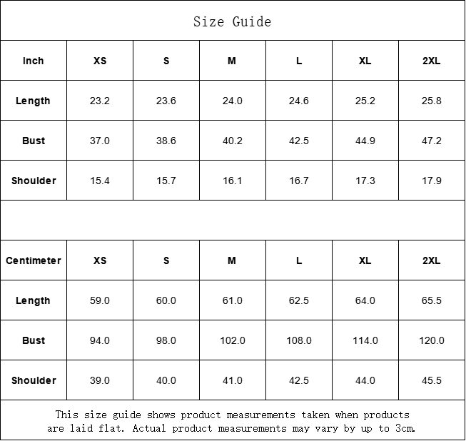 Size guide chart for clothing measurements in inches and centimeters.