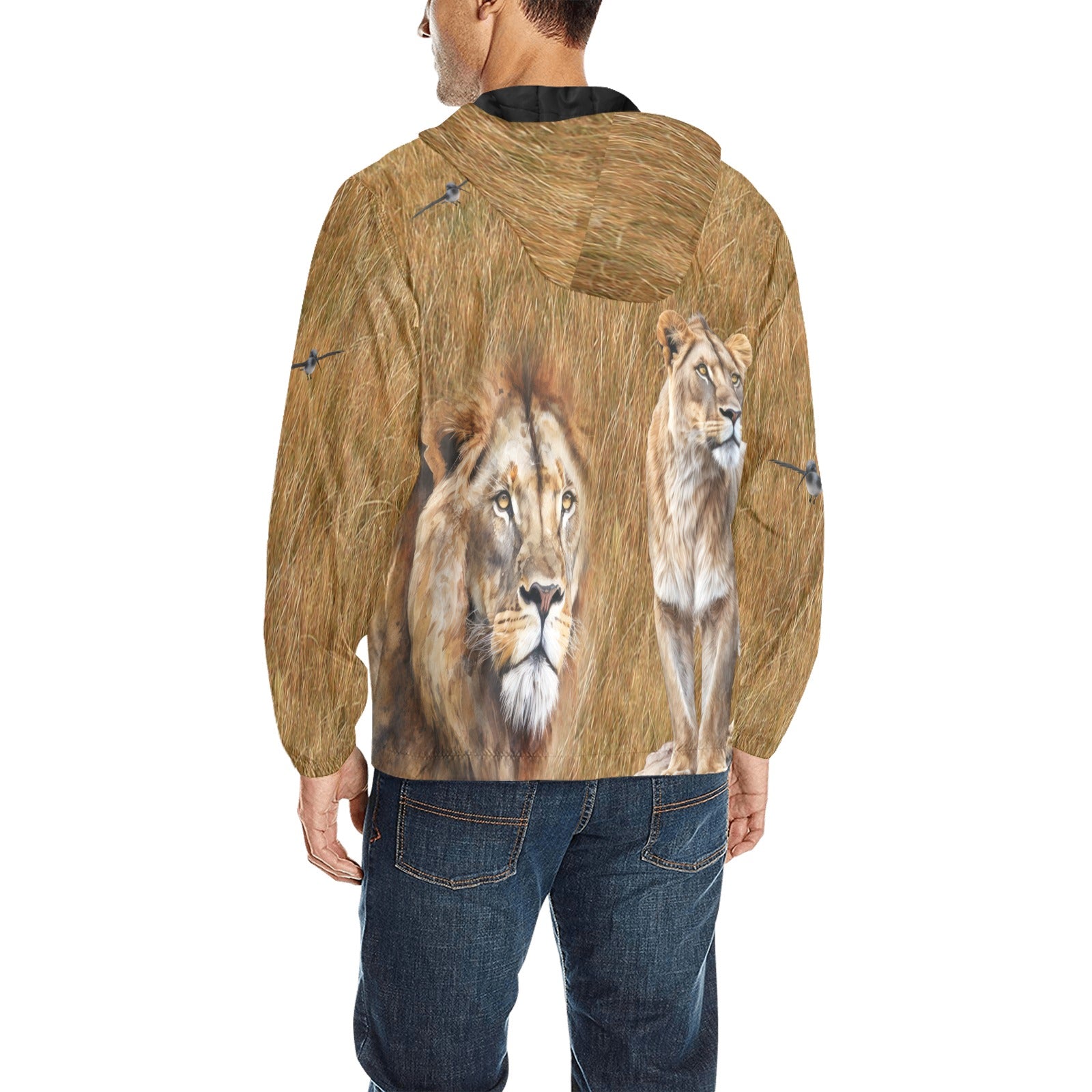 Person wearing a jacket with lion designs on a white background