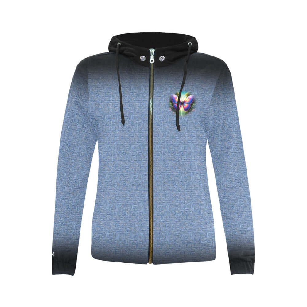 Blue Zip-Up Hoodie Black Trim Multi-Colored Butterflies