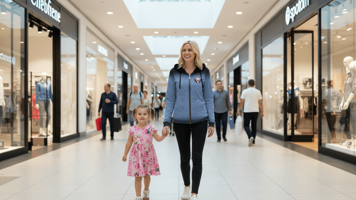 Woman and child walking through a shopping mall with various stores in the background
