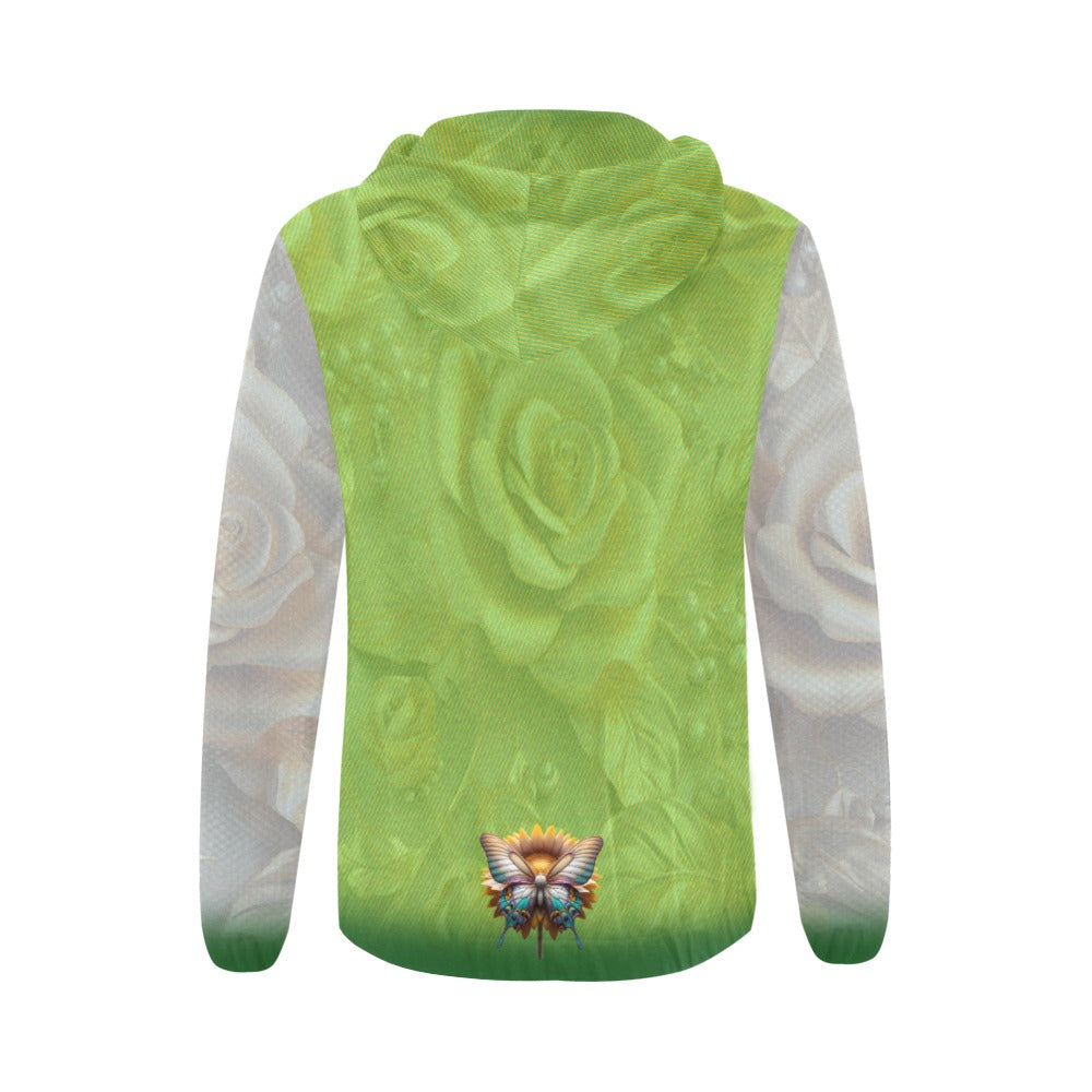 Green hoodie with floral pattern on a white background