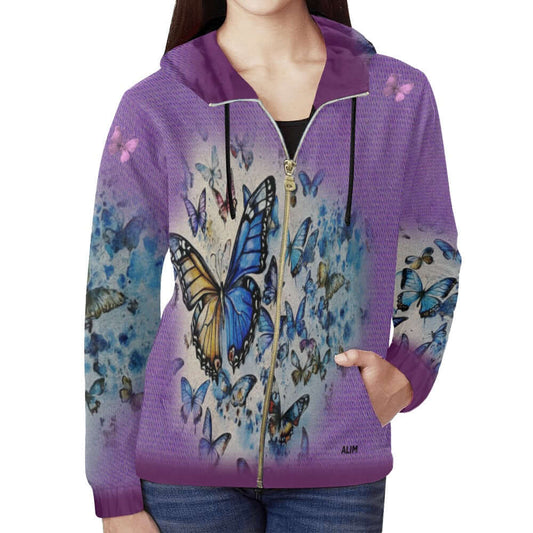 Purple Zip-Up Hoodie Multi-Colored Butterflies  