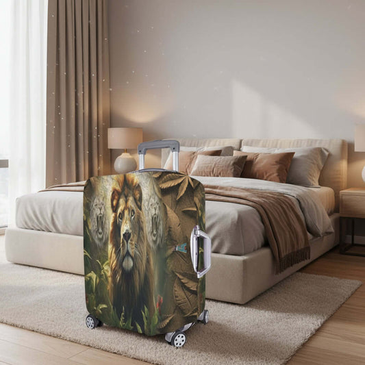 Luggage Cover Large Size 26-28 Lion Cannabis Leaves Foliage Luggage with a lion design on a white background