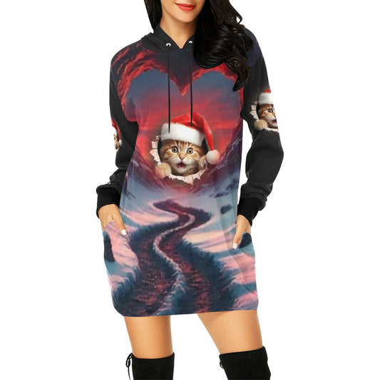 ALIM4U-Kitten in Christmas Stocking Women's All Over Print Hoodie Mini Dress(Model H27)