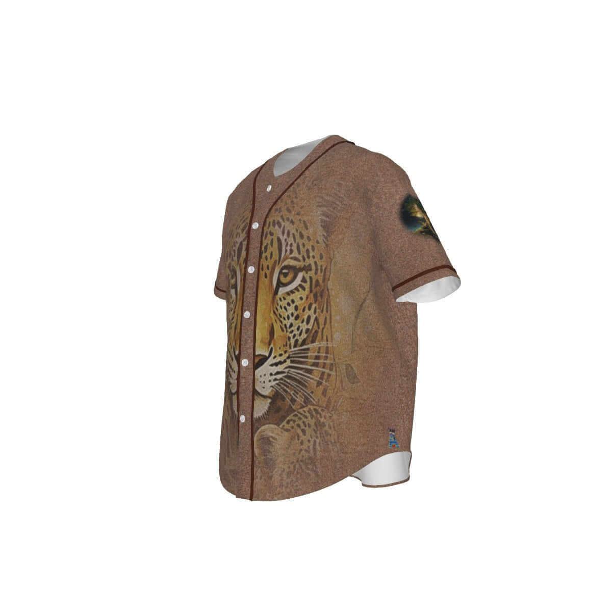 Brown shirt with a leopard print design on a white background