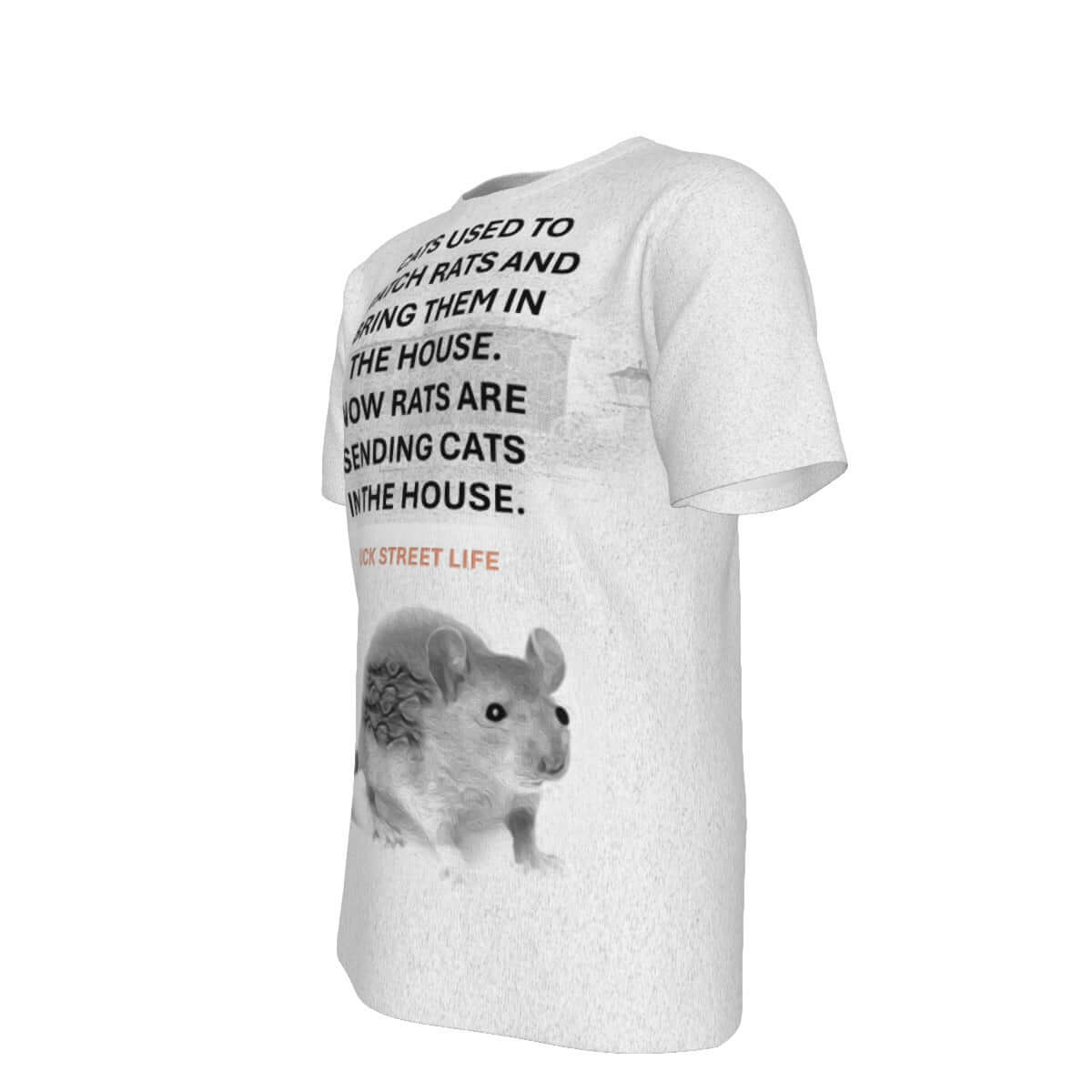 White t-shirt  grayscale rat and cat graphic 