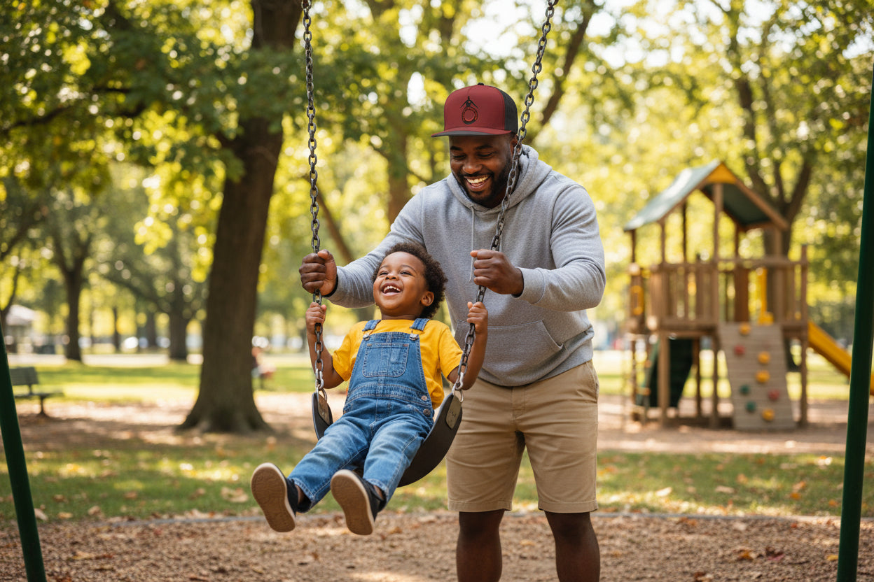 Red cap with black graphic design on a white background