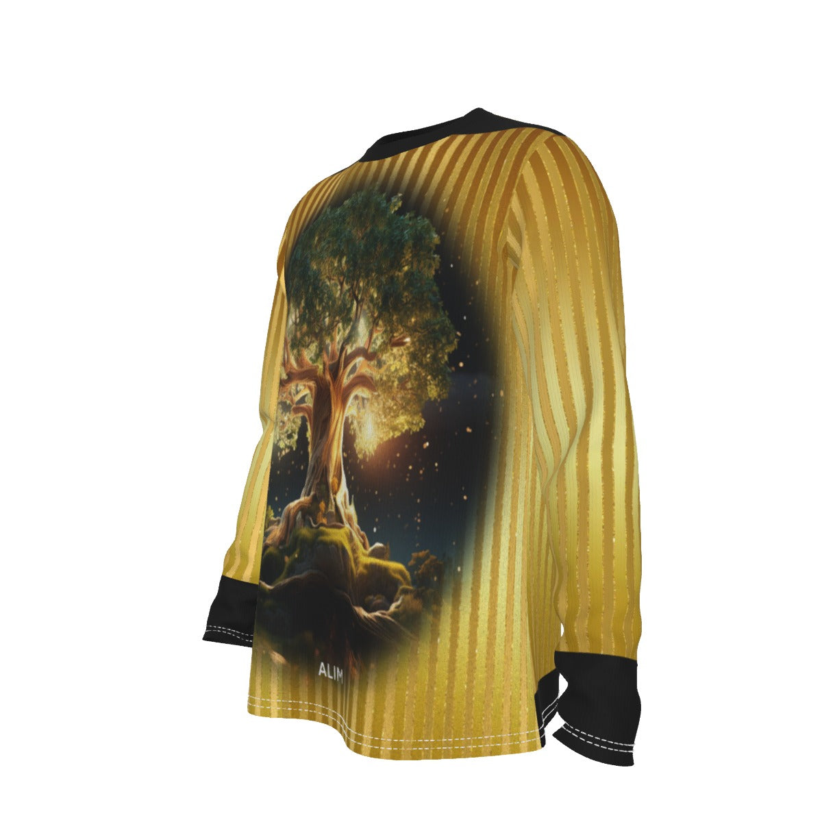 Long-sleeve shirt with a tree design on a strip gold background with black trim