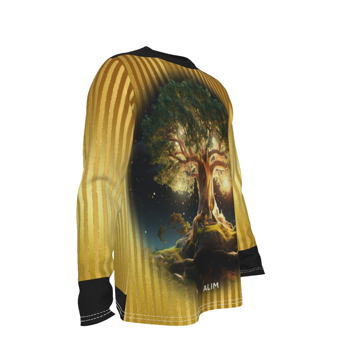 Long-sleeve shirt with a tree design on a gold striped black trimmed  background