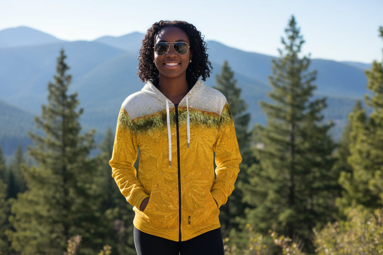Man wearing a gold zip up hoodie jacket with marijuana leaves and a beer label in an outdoor scene.