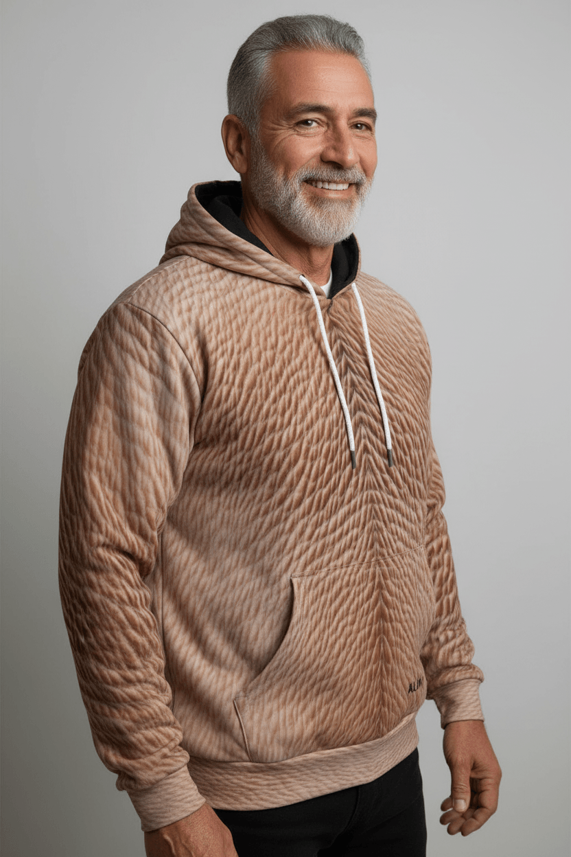 Man wearing a textured beige hoodie against a plain background