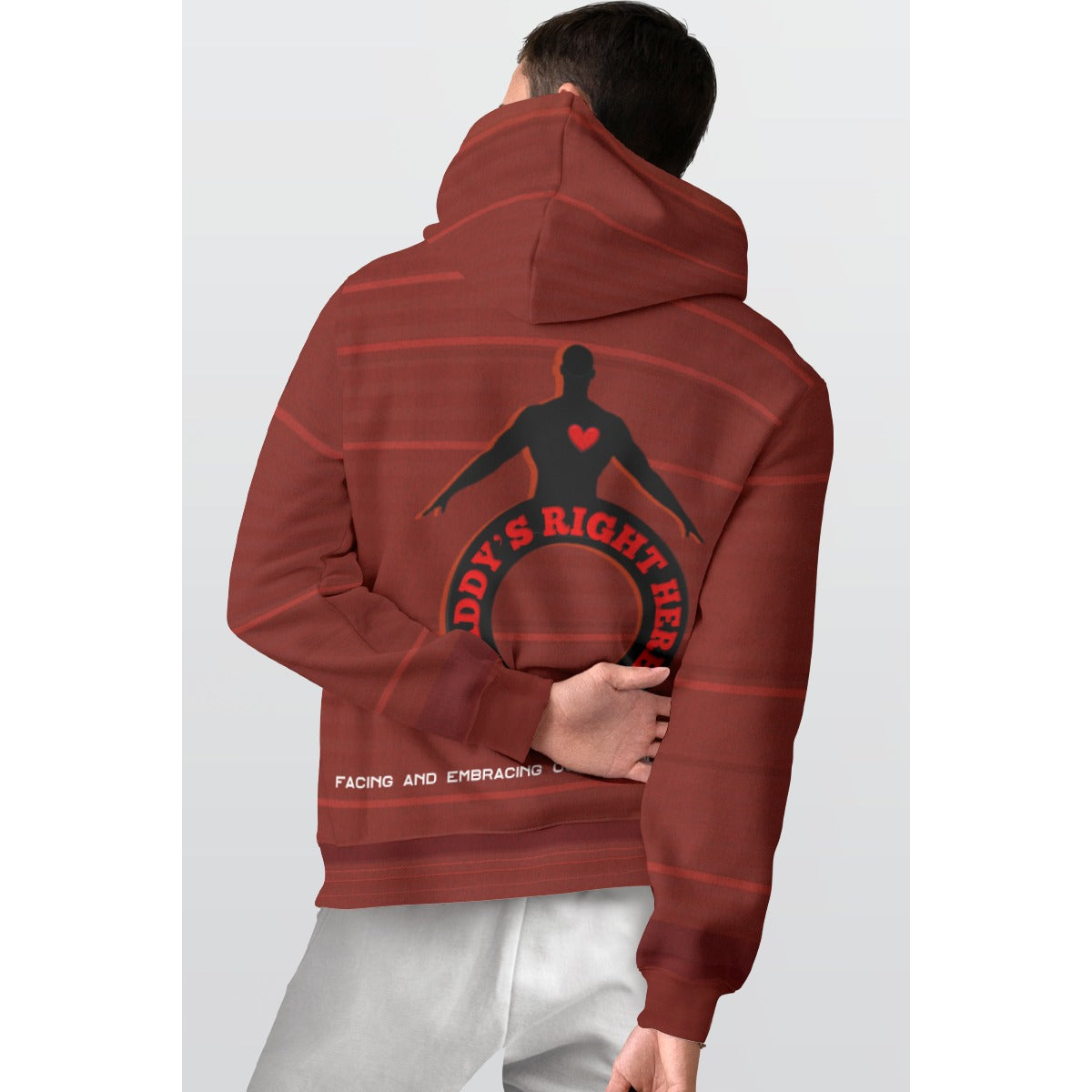 Person wearing a red hoodie with a graphic design on the back against a white background
