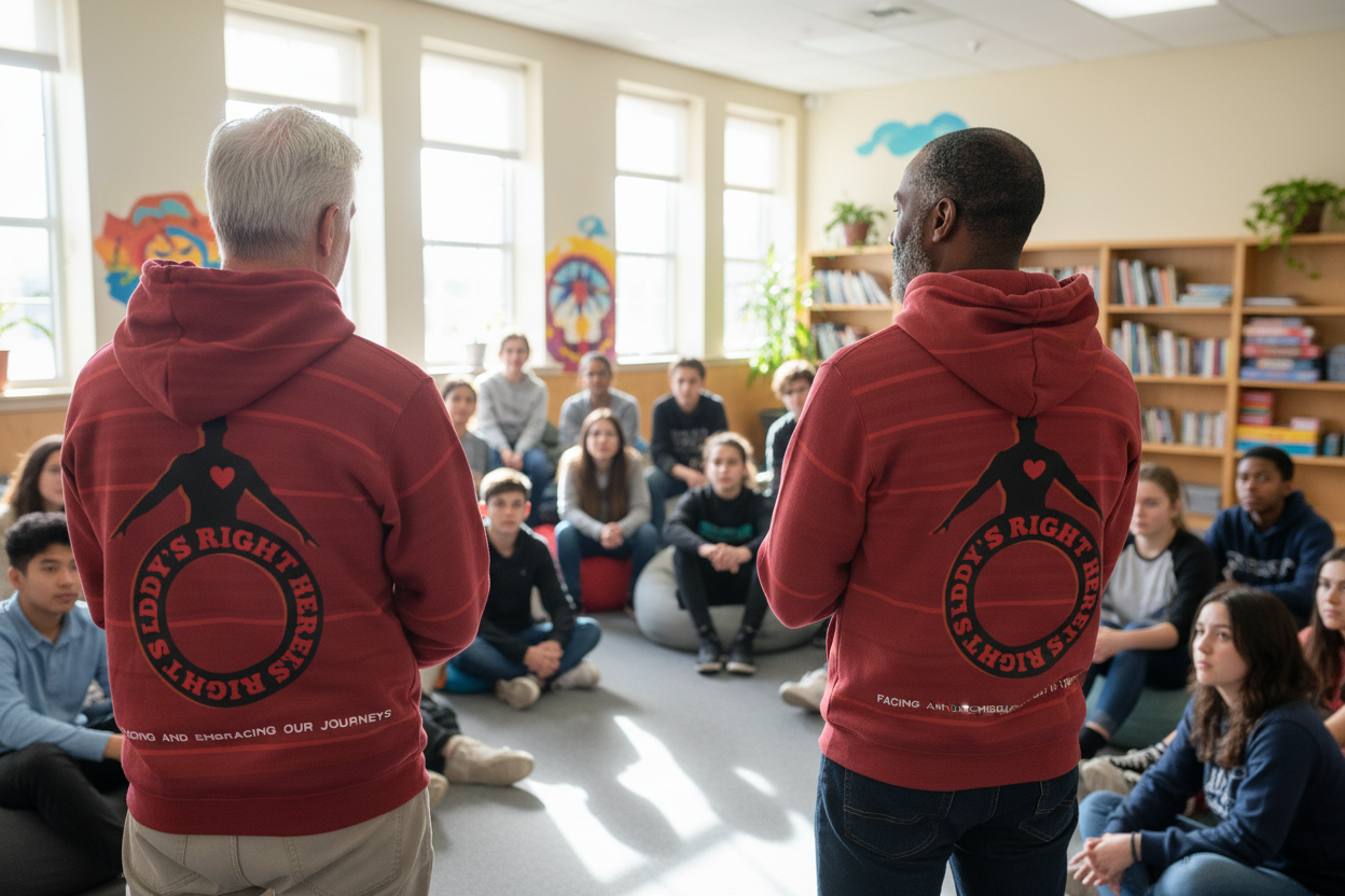 Person wearing a striped red hoodie with a graphic design on the back 