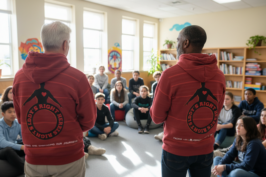 Person wearing a striped red hoodie with a graphic design on the back 