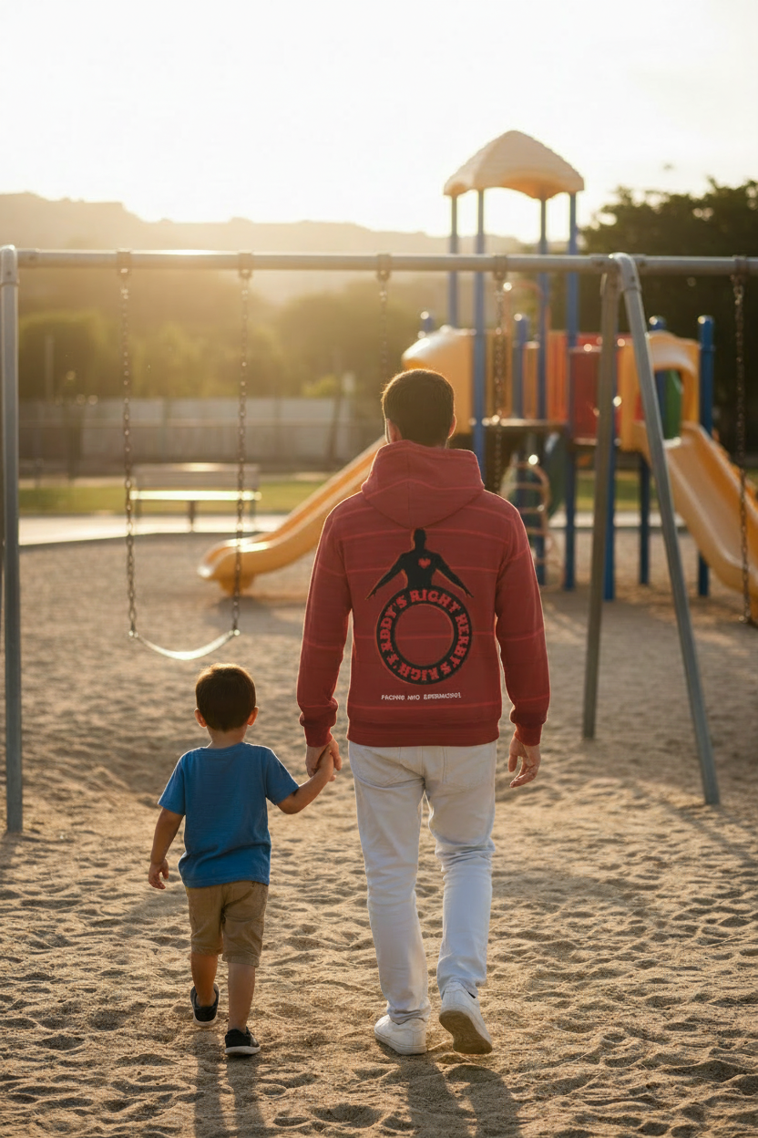 Person wearing a red hoodie with a graphic design on the back 