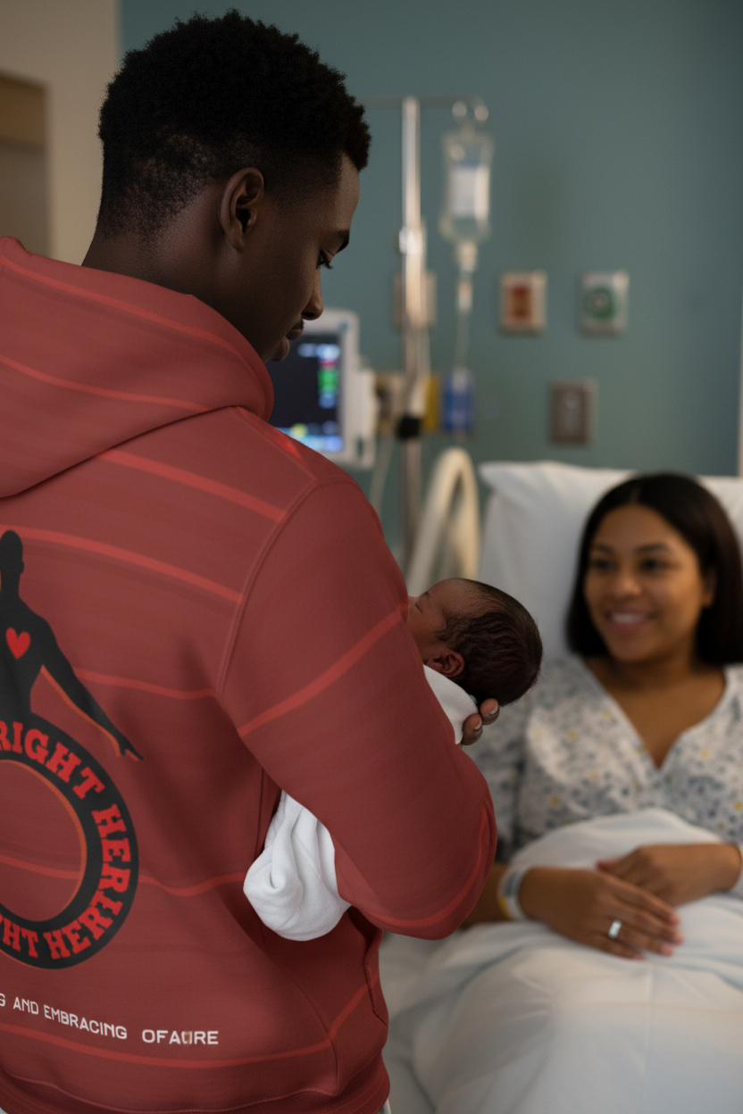 Person wearing a red hoodie with a graphic design on the back 