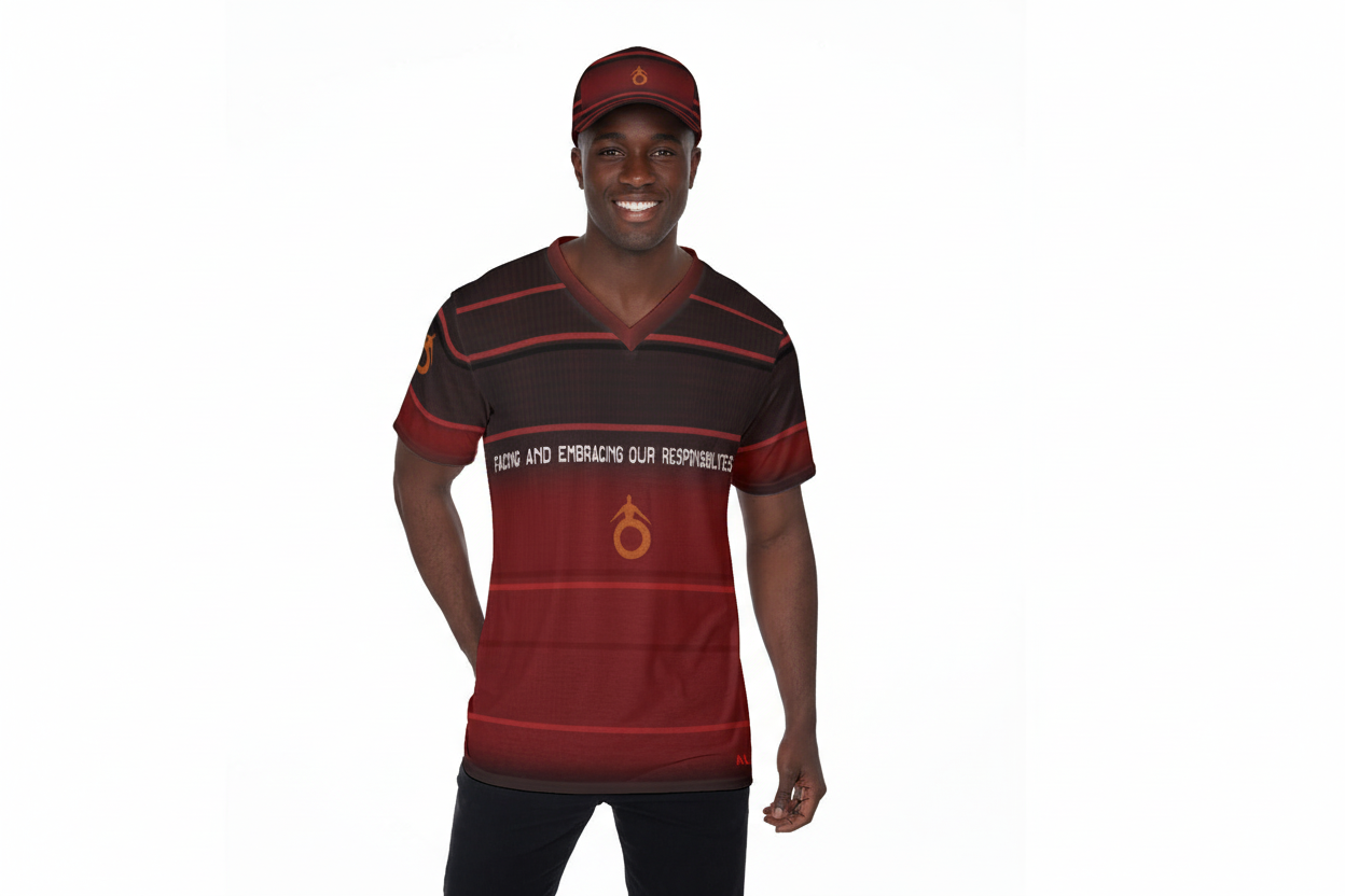 Person wearing a red and black sports jersey with a cap on a white background