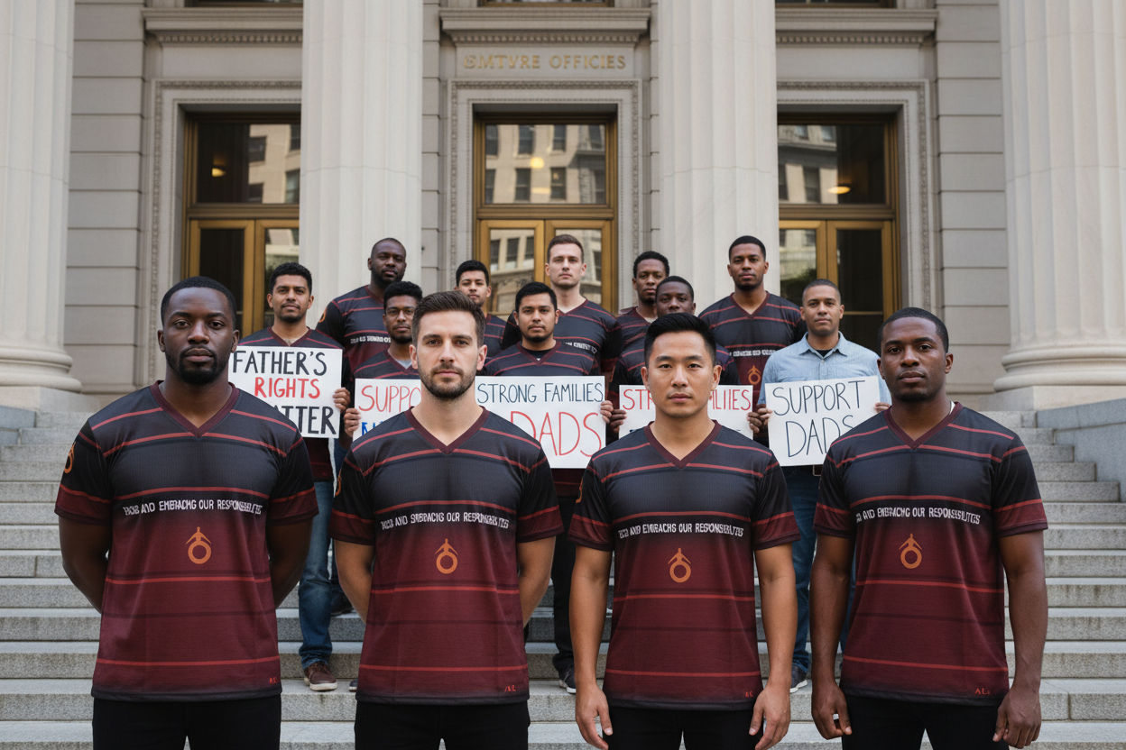 Group of men wearing matching shirts with signs in front of a building