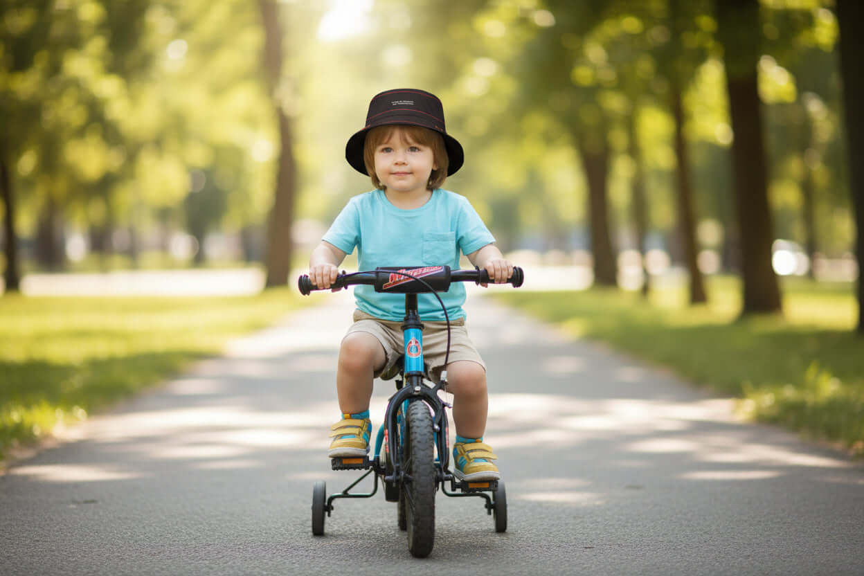 Black bucket hat with red accents and branding on a white background