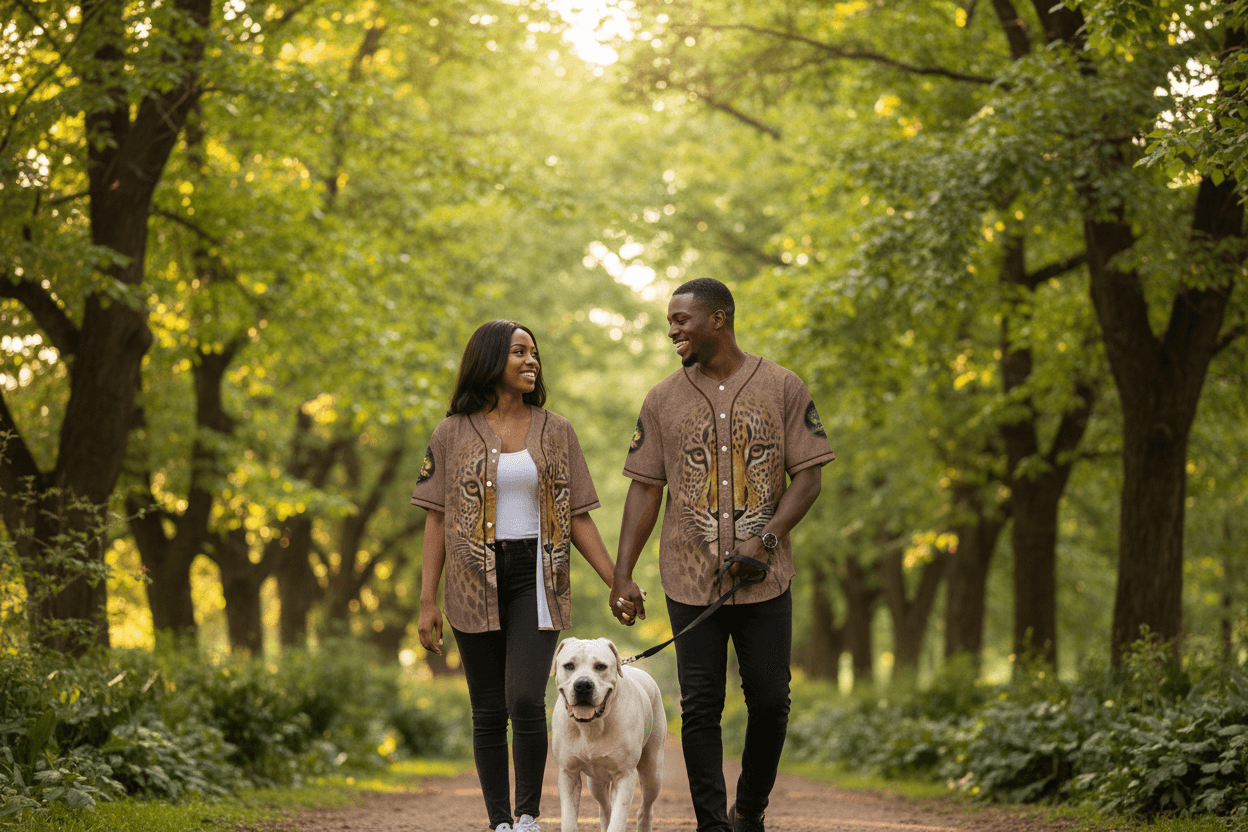 Couple walking a dog in a park with greenery