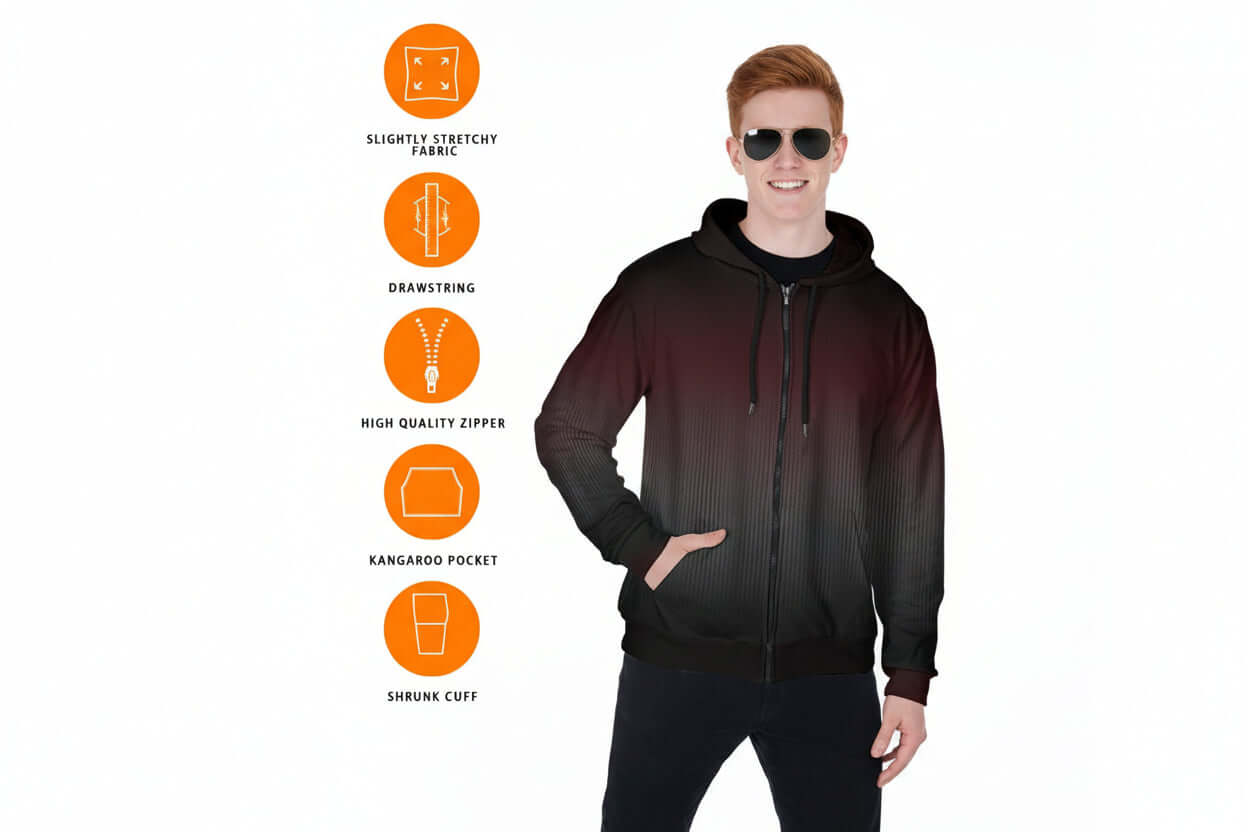 Man wearing a black hoodie with features highlighted on a white background