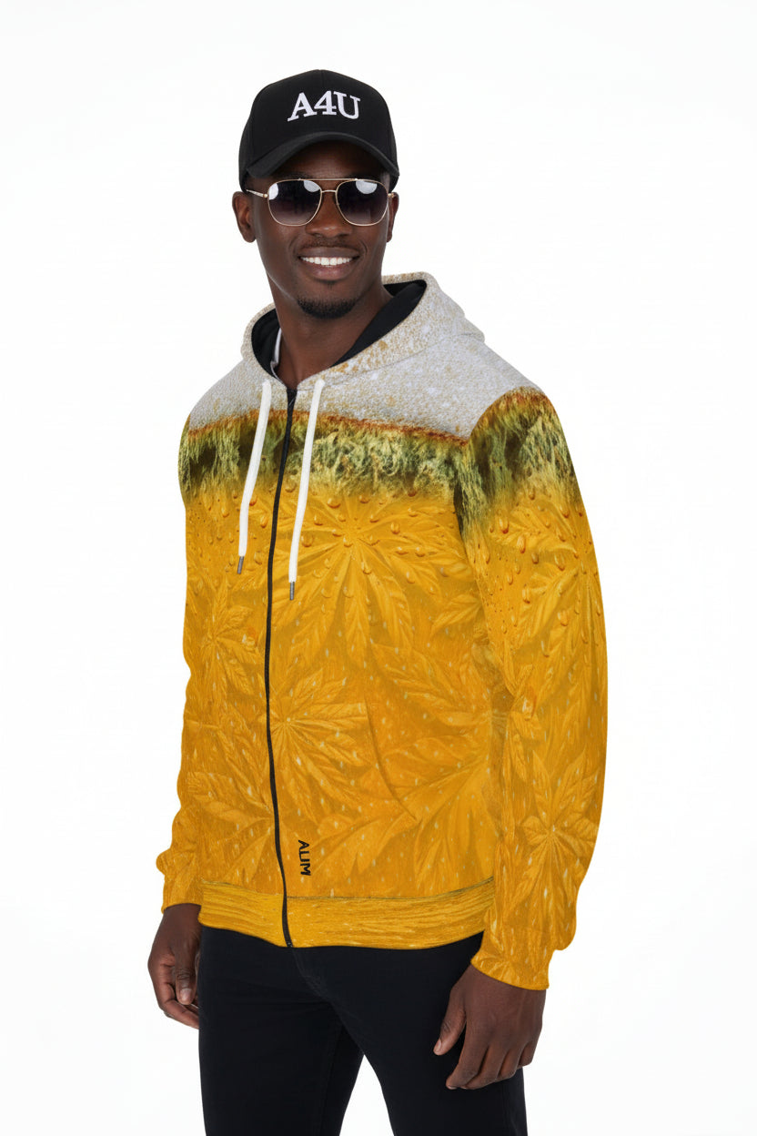 Man wearing a gold and marijuana leafed background zip up hoodie jacket with a beer label on back