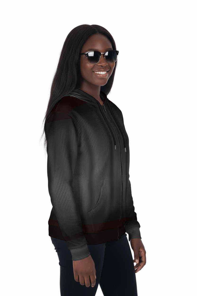 Man wearing a black jacket with gray and black stripes