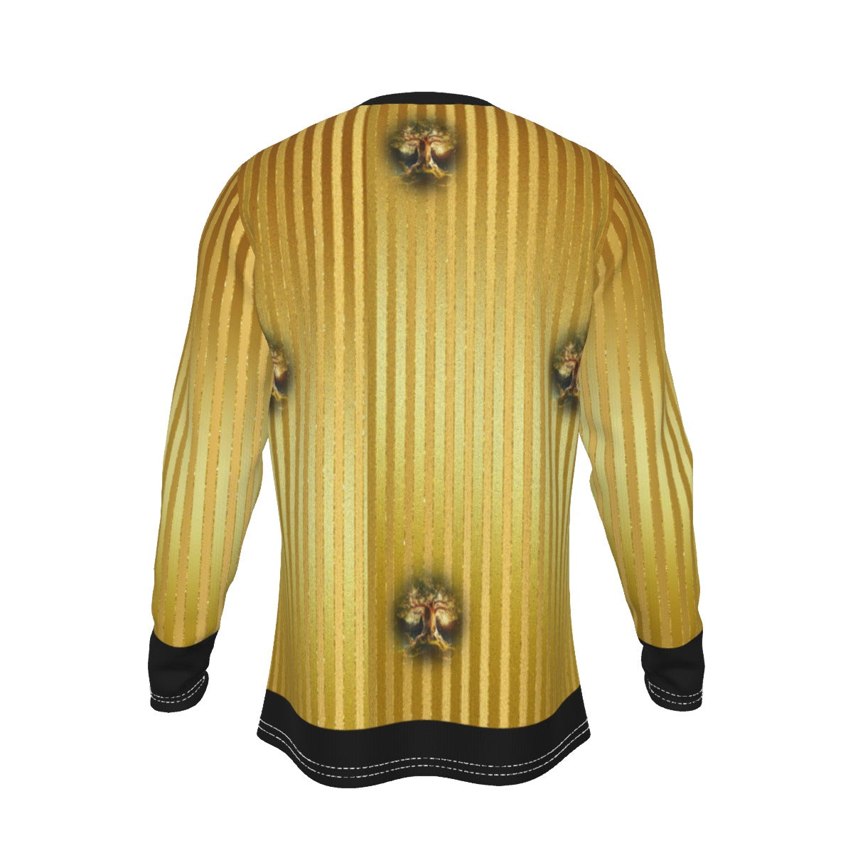 Yellow striped long-sleeve shirt with black accents on a white background