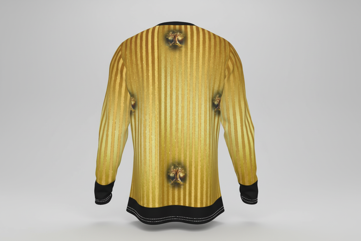 Gold striped, black  trim, with image of large tree glowing  on a long-sleeve shirt       