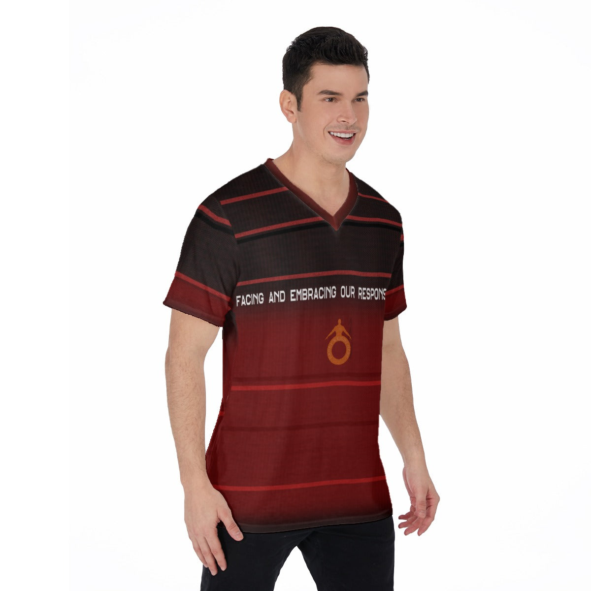 Man wearing a red and black striped shirt with text on a white background