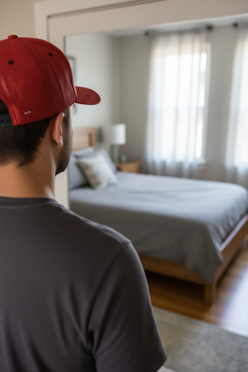 Person wearing a red cap and gray shirt looking at a bedroom with a bed and lamp.