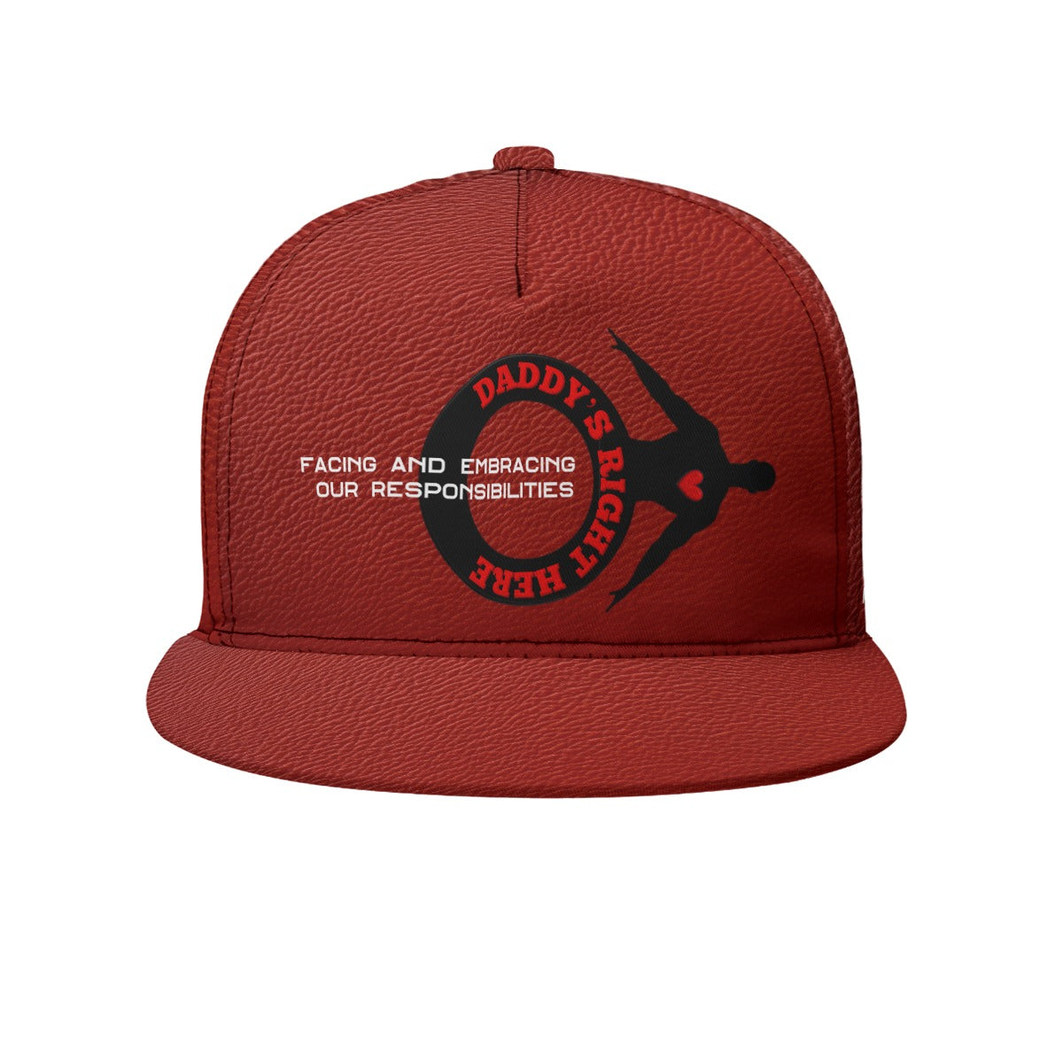 Red cap with black and white graphic design on a white background
