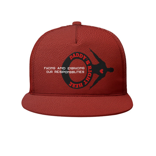 Red cap with black and white graphic design on a white background