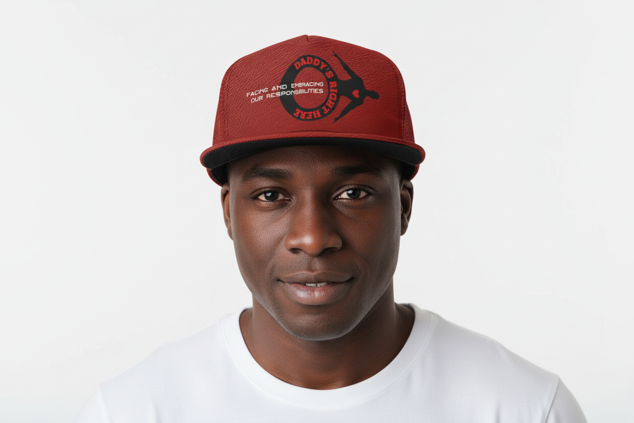 Man wearing a red cap with text on a white background