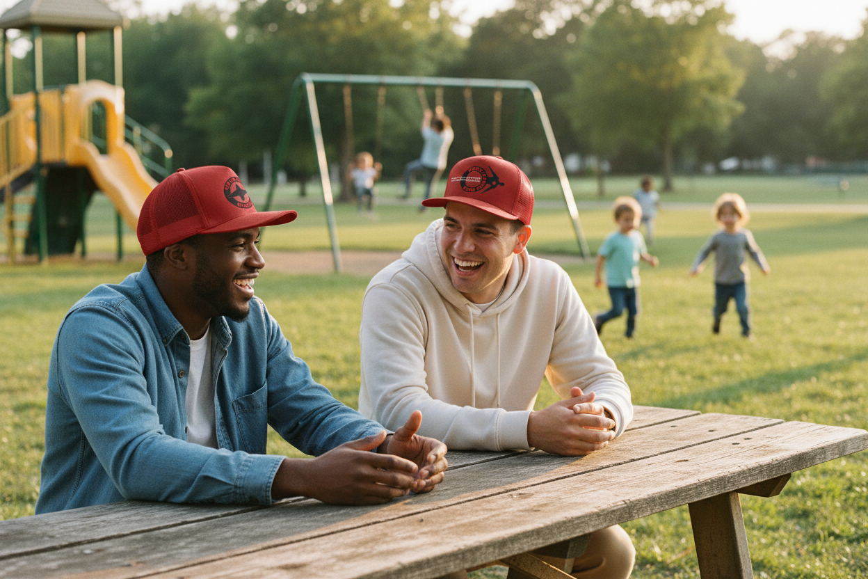 Two men sitting at a picnic table in a park with children playing in the background.