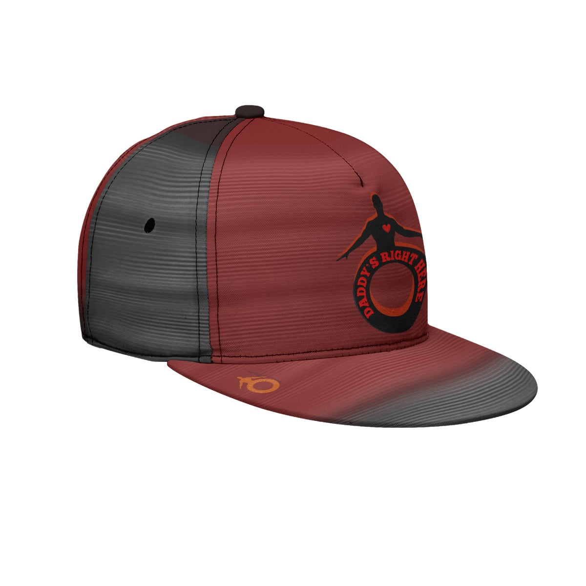 Red and black cap with a logo on a white background