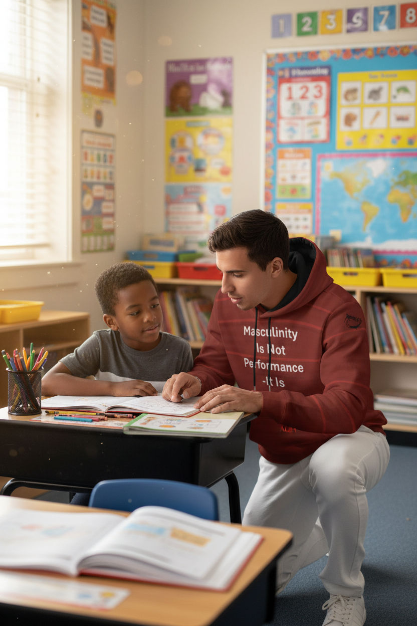 Teacher and student in a classroom setting with educational posters and books on the walls.