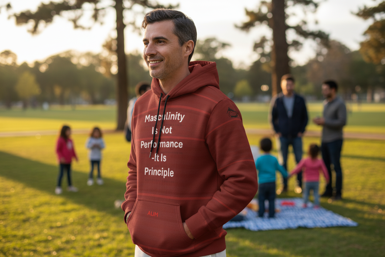 Man wearing a hoodie with text in a park with people in the background