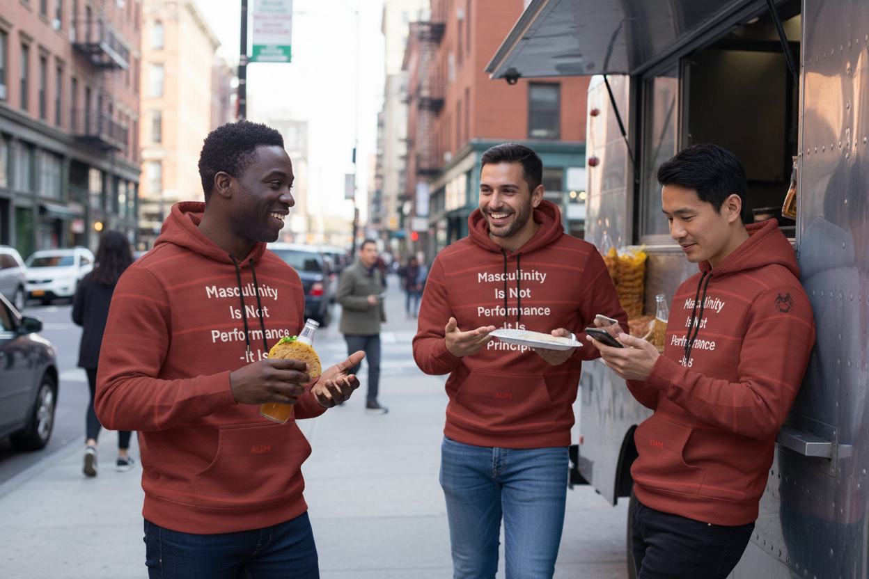 Three men in red hoodies standing on a city street, eating from food trucks.