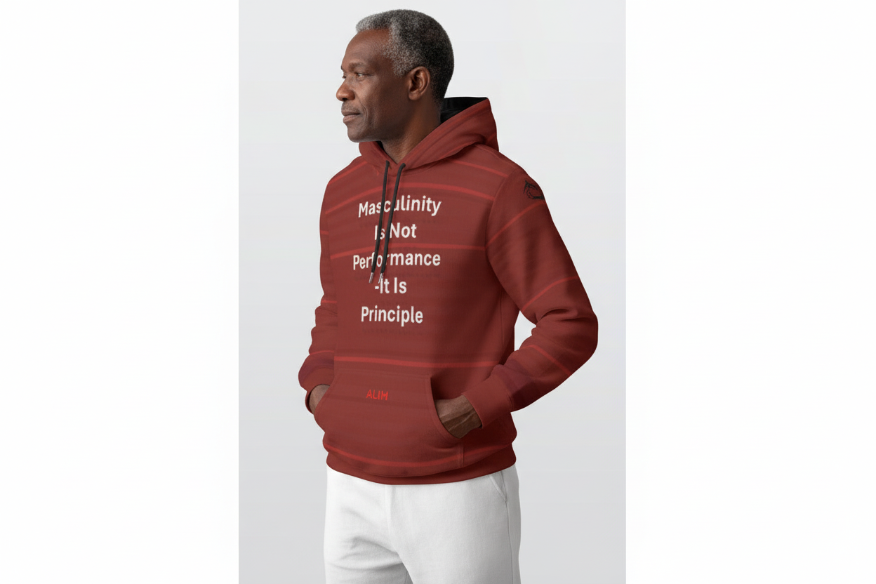 Man wearing a red hoodie with text on a white background