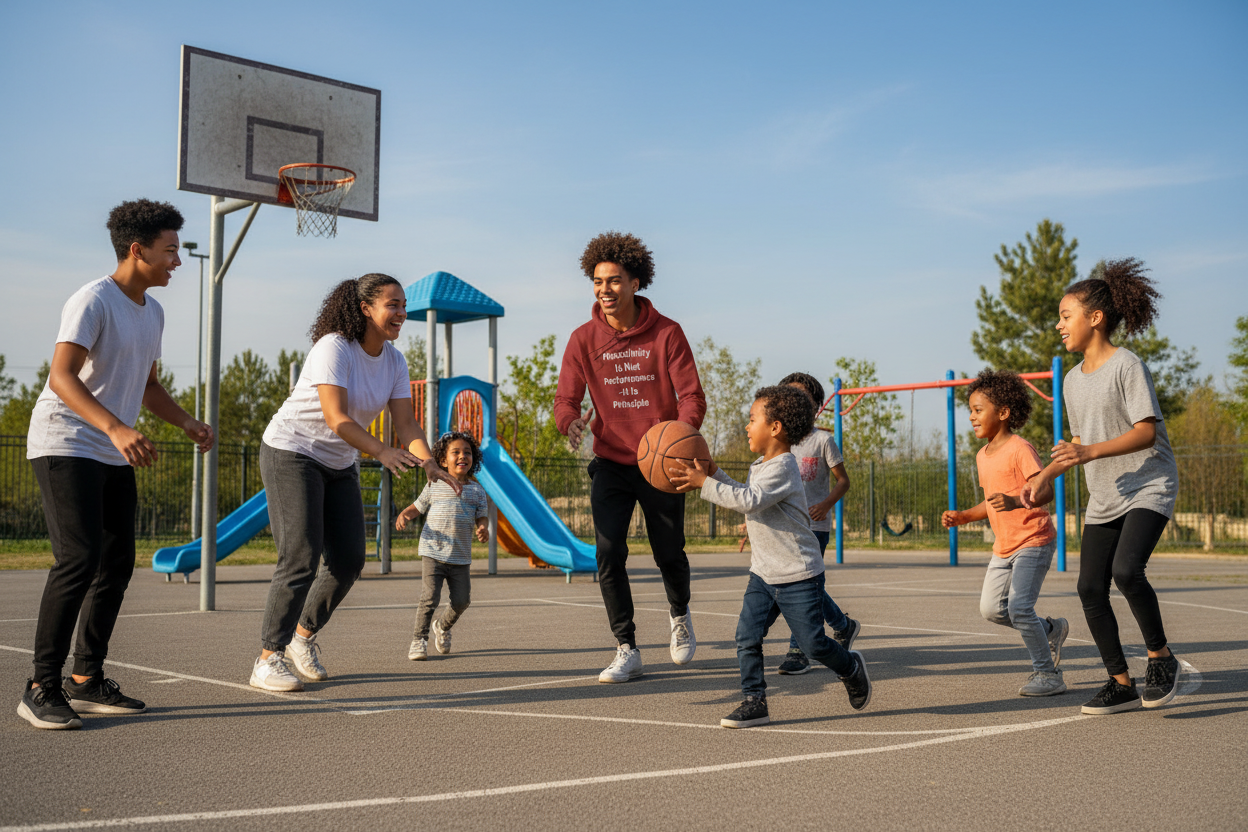 Group of people playing basketball on an outdoor court with playground equipment in the background.