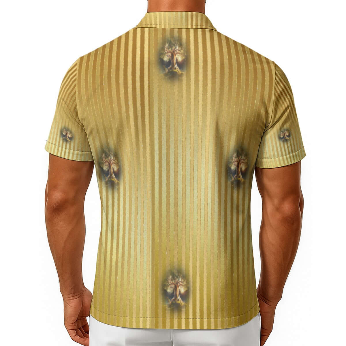 Yellow striped shirt with tree designs on a white background