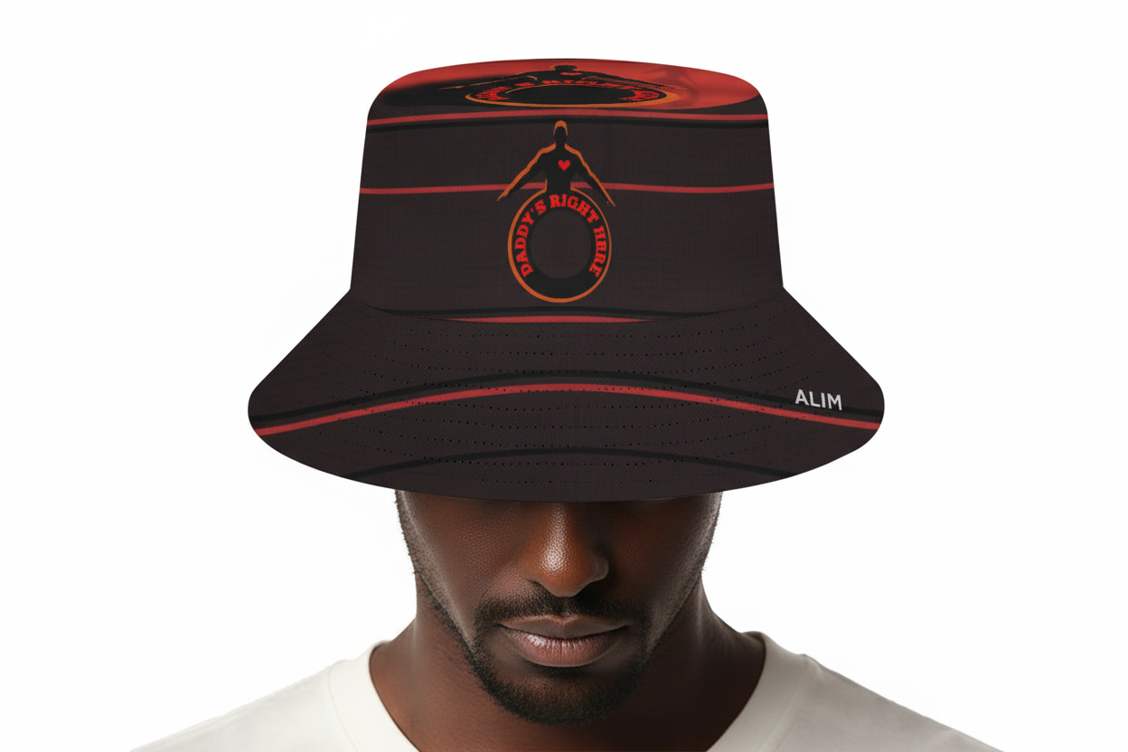 Black bucket hat with red accents worn by a person on a white background
