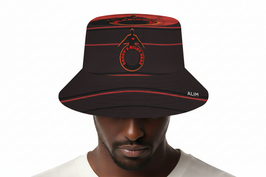 Black bucket hat with red accents worn by a person on a white background