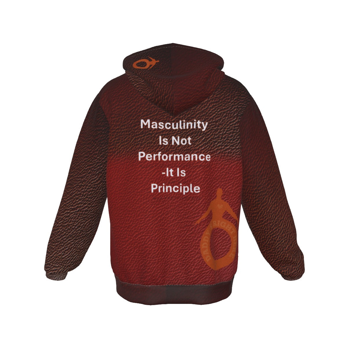 Red hoodie with text and logo on a white background