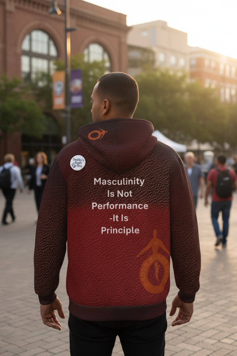 Red hoodie with text and logo on a white background